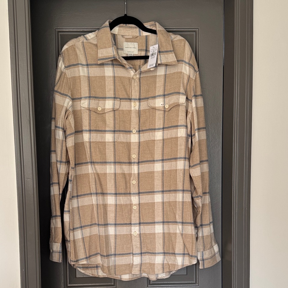 American Eagle Outfitters Tan and Gray Plaid Shirt